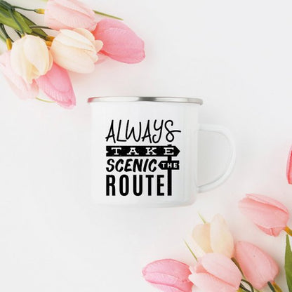 Camping Travel Enamel Mug - Always Take the Scenic Route